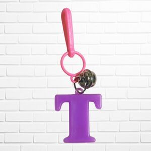 Vintage 80s Bell Charm Purple Letter T Alphabet Pink Clip Toy Prize Jewelry ABC